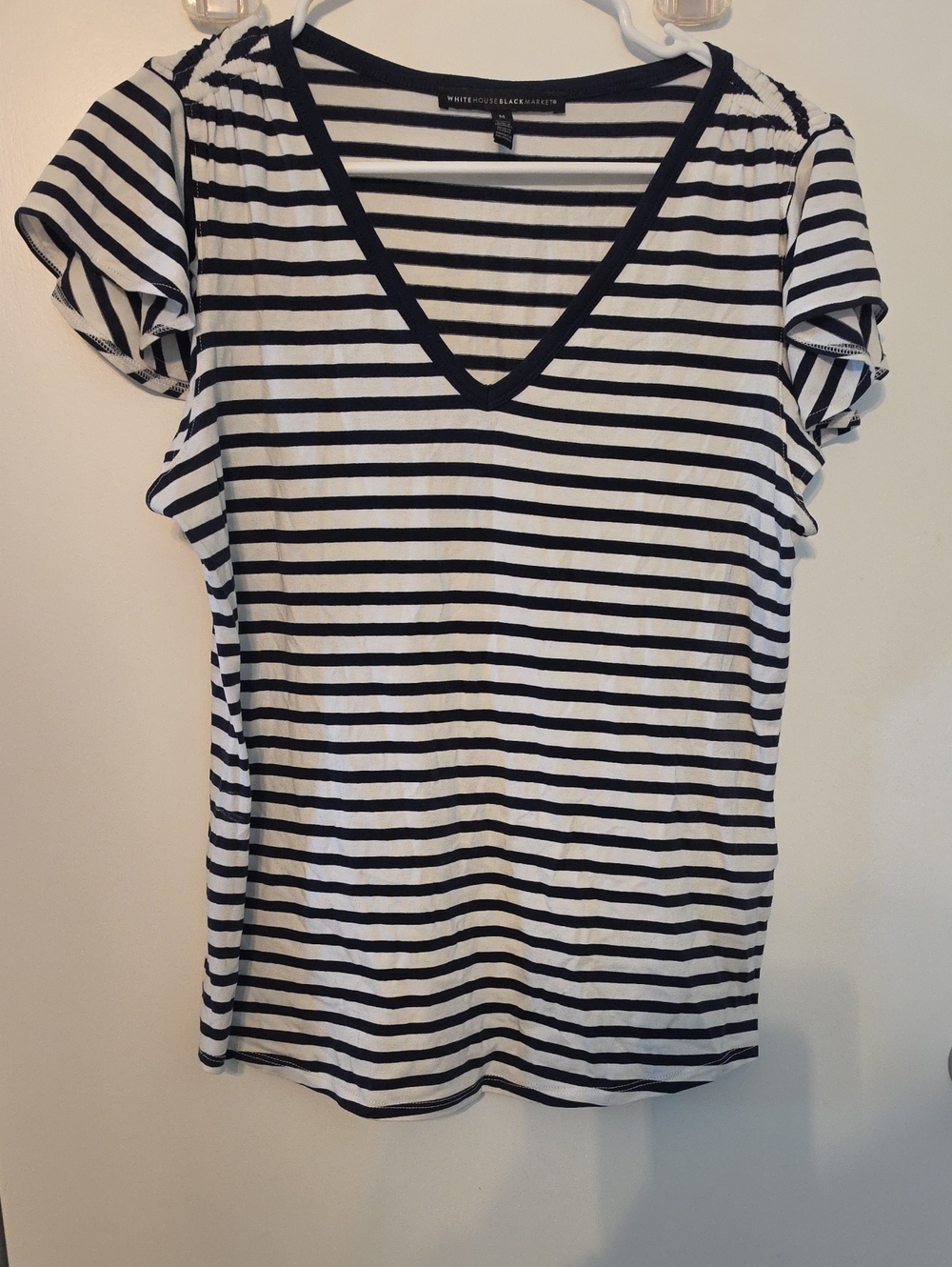 White House Black Market Navy & White Striped V-Neck Short Sleeve Tee